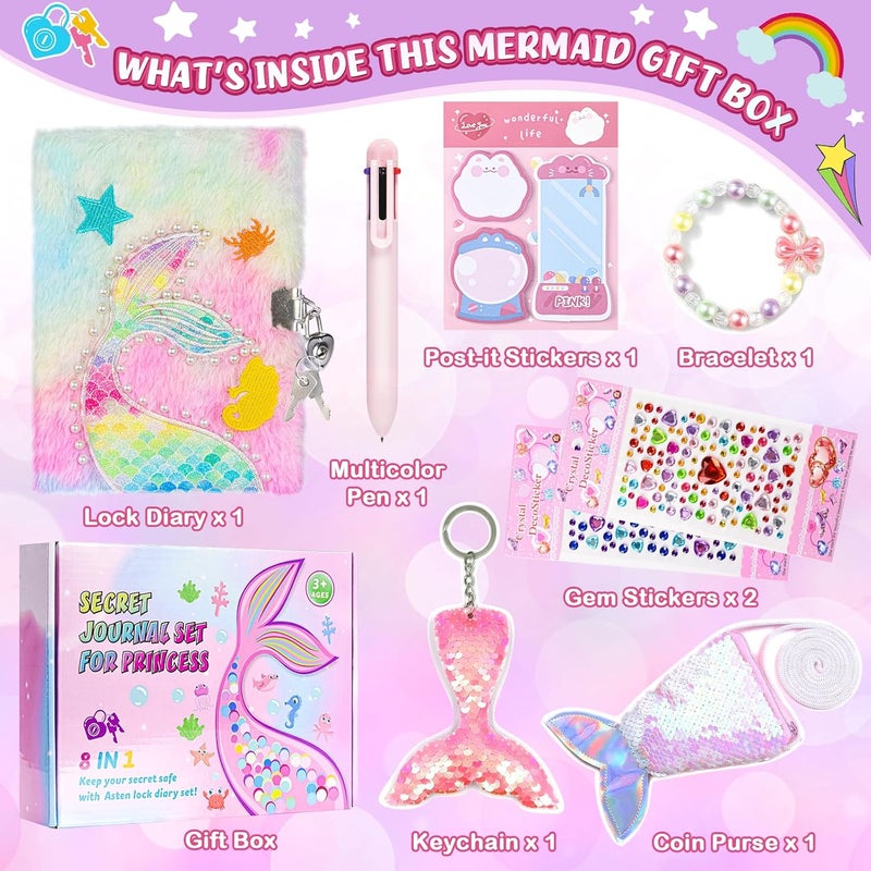 ASTEN Diary with Lock, 6 7 8 Year Old Girl Birthday Gift, Journal for Girls Ages 8-12, Kids Journal for Little Girl, Cute Notebook with Multicolors Pen and Purse, Locking Diary Fuzzy Mermaid Notebook (Pink) - Image 2